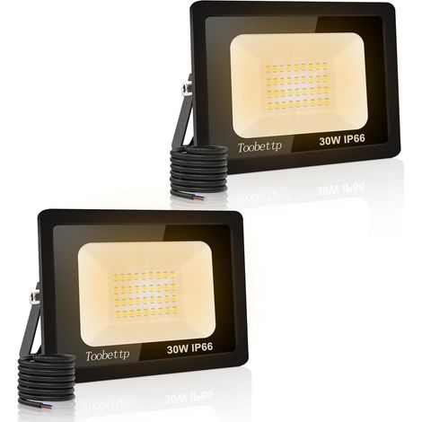 2PCS Projecteur LED Extérieur, 30W Spot LED Exterieur 3000LM 3500K Blanche Chaude Éclairage de Sécurité Extérieur IP66 Imperméable pour Garage Jardin Terrasse Parking