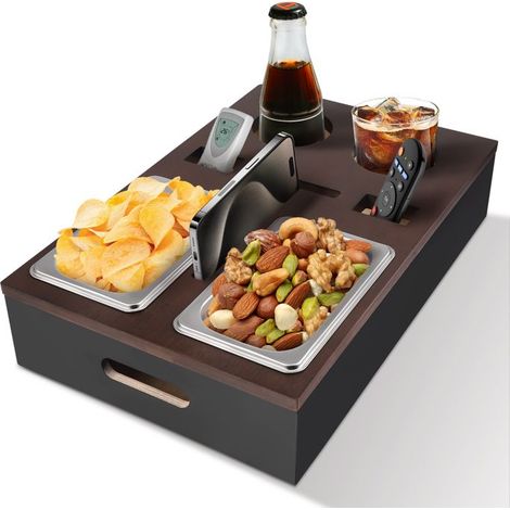 1 plateau de canapé, en bambou avec 2 bols acier inoxydable, support verre à vin et téléphone, pour salon ou pique-nique (1/5)