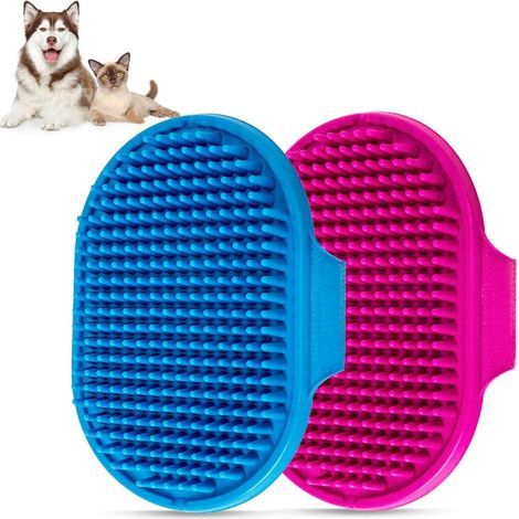Brosse de bain pour chien, peigne de bain pour animaux de compagnie, peigne de massage apaisant en caoutchouc, lot de 2 avec poignée annulaire réglable pour chiens et chats à poils longs et courts (bl (1/5)