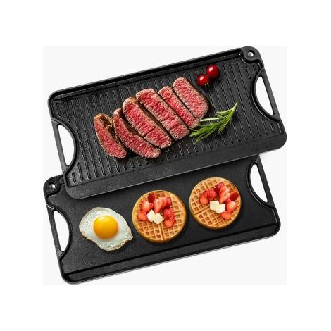 Plancha Reversible de Hierro Fundido(492 x 218 mm), Sartén Rectangular Portátil con Asa, Utensilios de Cocina Familiares para Parrillas Interiores y Exteriores, Fácil de Limpiar, Negro (1/5)