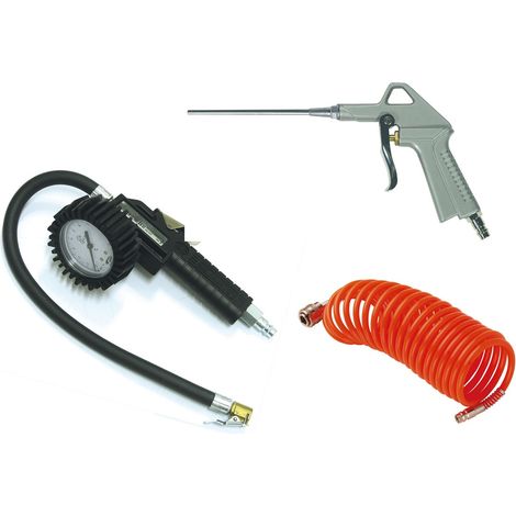 MECAFER Kit Accessoires Pneumatiques 150059 Coloris Noir, Gris, Rouge Tuyau spiral 4m Soufflette bec long Poignée de gonflage Leger Garantie 2 ans (1/5)
