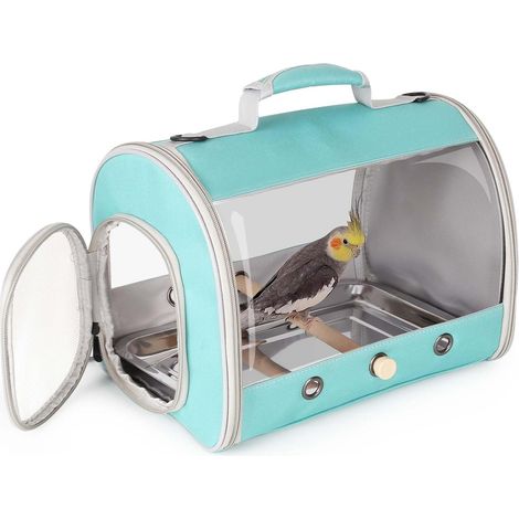 Cage de transport pour petits oiseaux, cage à oiseaux portable pour calopsitte à longue queue avec plateau en métal souple et support en bois (vert, design cylindrique) (1/5)