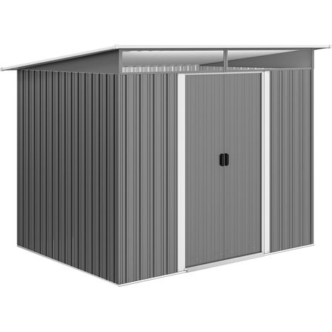 Caseta de almacenamiento metálica para jardín, casita para guardar herramientas de jardinería, con techo inclinado y ventilación, 8,5 x 6 pies, gris (1/5)