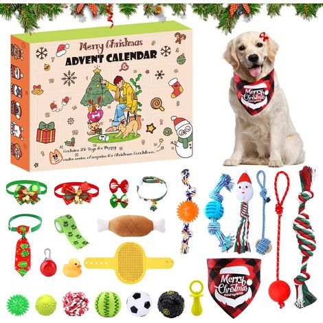 Lot de 24 calendriers de l'Avent 2024 pour chien, jouets à mâcher, boules couinantes, colliers et bandana, cadeau de Noël pour chien et chiot (orange) (1/5)