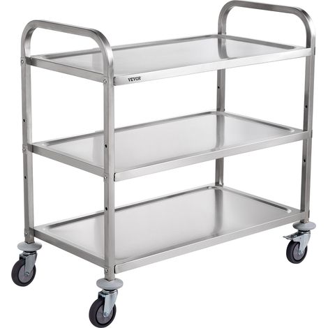 VEVOR Carrello da Cucina, 3 Ripiani, Carrello Acciaio Inox Capacita max.  ca. 204,1 kg, Carrello di Servizio in Acciaio su Ruote, Carrello Portaoggetti in Acciaio Inox con Cestello 80 mm Manico Curvo