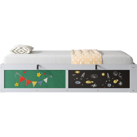 Lit enfant 90 x 200 cm avec rangement hydraulique, tableau craie et feutre, étagère réversible, structure en bois gris pour chambre gain de place - CHICFURN (1/5)