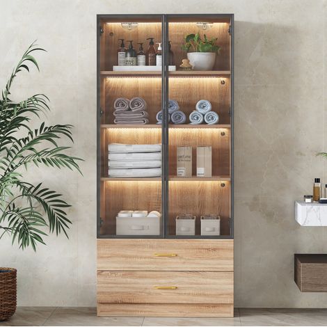 Badmöbel modern aus MDF in Braun 75 cm mit offenen Fächern und Türen mit Glaseinsatz (1/5)