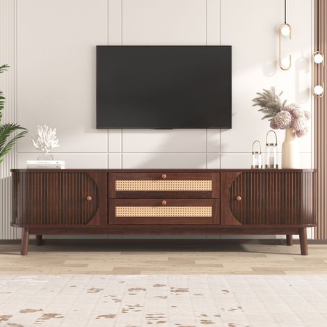 Meuble TV en bois naturel  170 x 39.5  x 46 cm avec portes coulissantes tiroirs  et côtés en rotin et rangement Pour salon