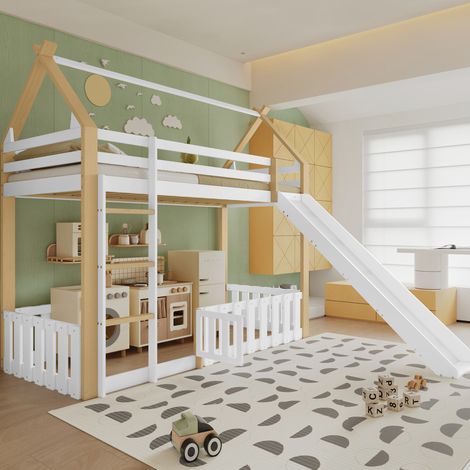 Letto a soppalco per bambini con tetto e scivolo, legno massello+MDF bianco/naturale, 90x200 cm, scala e rete a doghe (1/5)