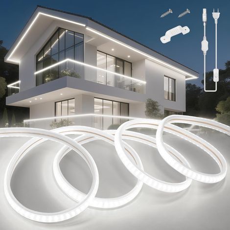 Ruban LED Exterieur Etanche 20M, Blanc Froid Neon Bandeau LED 220V Etanche IP65 Bande Lumineuse Haute Luminosite 145LEDs/M pour Chambre Cuisine Interieur Exterieur, inclus Adaptateur (1/5)