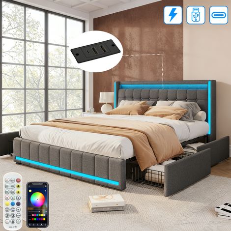 Lit adulte 160x200 cm avec 4 tiroirs de rangement, lit double avec éclairage LED réglable et chargement USB Type C, lit capitonné, 2 personnes, tissu en lin, gris foncé (1/5)