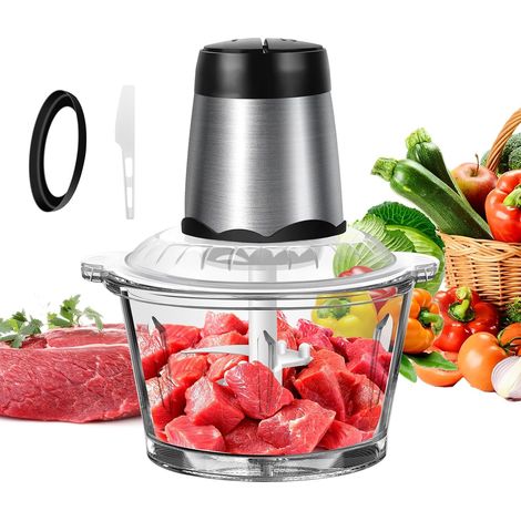 Hachoir à viande électrique, équipé d'un récipient en verre de 2 litres, broyeur multifonction professionnel (dont 4 lames en acier inoxydable) (adapté à la viande, aux oignons et aux légumes) , 2 vit