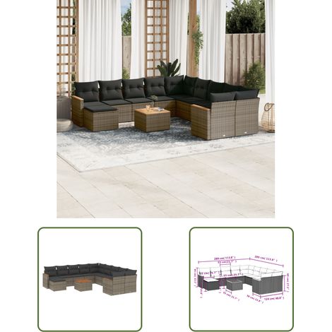 The Living Store 12-tlg. Garten-Sofagarnitur mit Kissen Grau Poly Rattan - Gartenmöbel Set - Esszimmergarnitur - Outdoor Möbel - Lounge Sofa - Rattan Gartenmöbel (1/3)