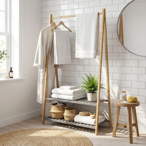 URBAN MEUBLE Portant à Vêtements en Bambou avec Tringle et 2 Étagères, Porte-Manteau pour Entrée et Chambre