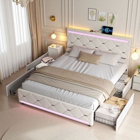 Letto matrimoniale 140x200 - letto con cassetto in velluto beige trapuntato - LED RGB integrato - 4 cassetti in metallo - USB-A/Type-C