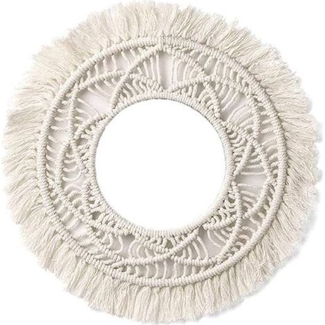 Dekorativer Vintage-Wandspiegel – Makramee-Rahmen im Bohème-Stil – Retro-Dekor – Runder Spiegelnachbau – Für Wohn- oder Schlafzimmer – Beige – 1 Stück (1/5)
