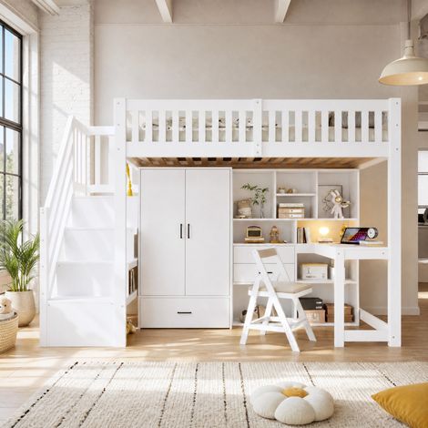Kinderhochbett 90 x 200 cm mit Schreibtisch, Kleiderschrank und Stauraum, Weiß, REDOM (1/5)