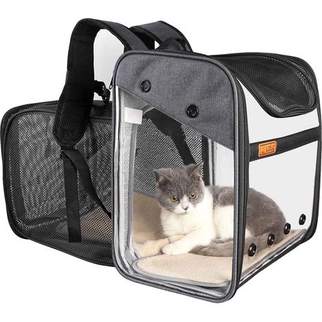 Cat Small Dog Carrier Bag 10kg, Expandable Transparent Pet Backpack, Breathable Roomy Foldable with Plush Mattress, Large Carrier for Travel on Train Car Airplane (Gray)