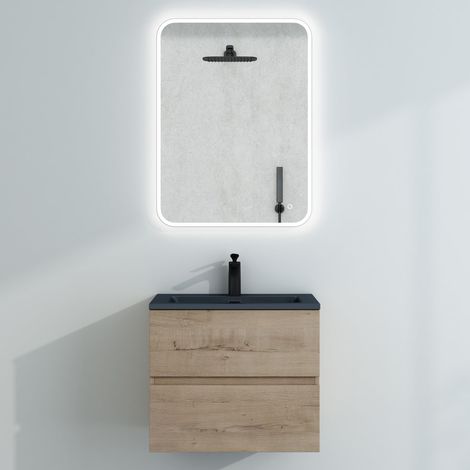 Mai & Mai Badmöbel-Set Waschtisch mit Unterschrank Mineralguss Waschbecken in Anthrazit Waschbeckenunterschrank 60x48x50cm Eiche Greige 2-Schubladen Soft-Close inkl. LED-Spiegel Aqualis