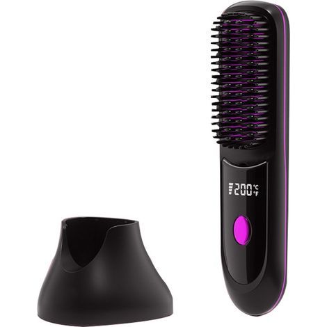Comb - Hair Straightener - Cordless Hair Straightener - Cordless Comb - With Ion Base - Fast Heating - Portable Travel Design - Rechargeable Comb - For Styling - Curling - Black (1/5)