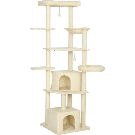 Arbre à chat de 2 mètres de haut pour 2 à 3 chats, avec griffoirs, niches, hamac, cachettes, structure à plusieurs niveaux, sisal, bois et peluche (1/5)