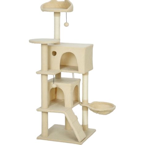 Árbol rascador para gatos 140 cm con hamaca, escalera, cueva y postes de sisal 48x48x140 cm beige (1/5)