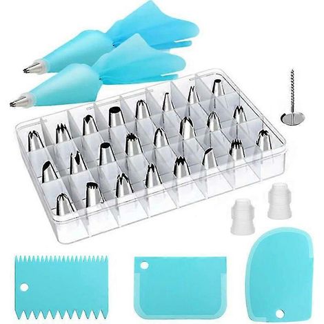 32-teiliges Edelstahl-Set inklusive 24 Tüllen, einem wiederverwendbaren Silikon-Spritzbeutel, 3 Spateln und Backzubehör. (1/5)