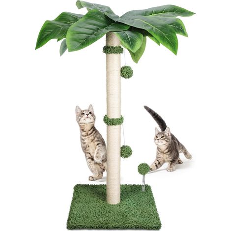 Griffoir pour Chats,80 cm,Arbre à Chat en Sisal Naturel,avec 2 Balles Interactives en Peluche pour Chat,Convient aux Chatons d'Intérieur et Aux Grands - Vert/Square Base