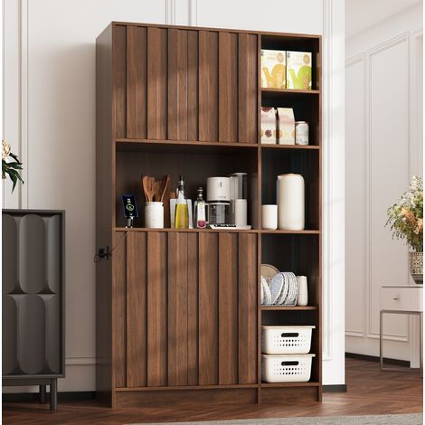 Mobile da cucina alto 105 x 40 x 180 cm con illuminazione a LED RGB, porte USB, vani a giorno, MDF noce. (1/5)