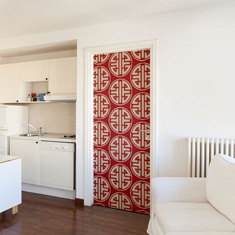 Sticker mural asiatique 204x83cm - Motif blanc sur rouge - Autocollant porte décoratif (1/4)