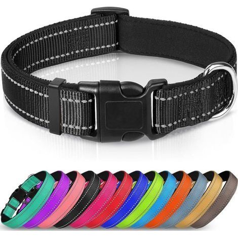 Reflektierendes Hundehalsband, mit weichem Neopren gepolstert, aus atmungsaktivem Nylon, verstellbar für kleine Hunde, schwarz, Größe S (1/5)