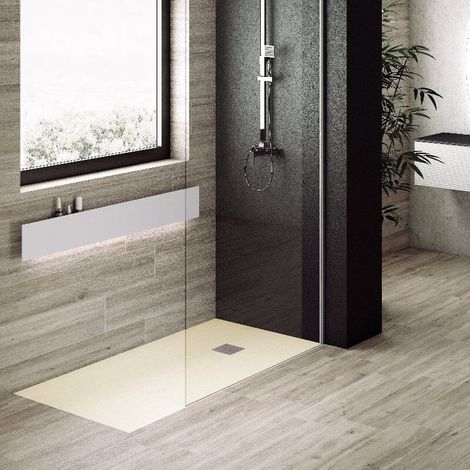 Receveur de douche 80 x 100 cm extra plat PURE en résine surface ardoisée beige Grille inox (1/5)