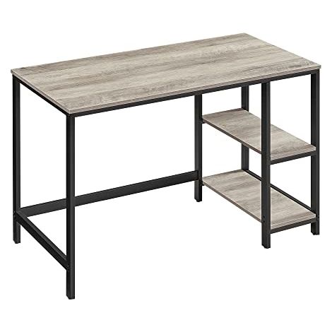 Bureau d'ordinateur, bureau avec 2 étagères à gauche ou à droite, table de travail bureau salon, structure en acier, industriel, grège et noir LWD47MB (1/5)
