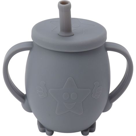 Gobelet d'apprentissage en silicone de 230 ml pour tout-petits, avec couvercle à paille, poignées antidérapantes et anti-fuites. Couleur : gris foncé. (1/5)