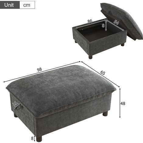 Pouf de rangement en chenille, repose-pieds rembourré avec pieds de 8 cm, coussin d'assise polyvalent pour salon et chambre, gris, 98 x 65 x 48 cm (1/5)