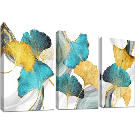 Quadro Parete Foglie Dorate Legno 50x70 cm Set 3 Pezzi (1/5)