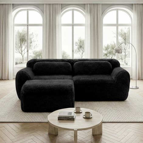Canapé d'angle 2 places, tissu peluche doux, modulable et combinable à volonté, avec coussins. Mousse souple haute résilience, aucun montage requis, idéal pour les petits espaces, noir. (1/5)