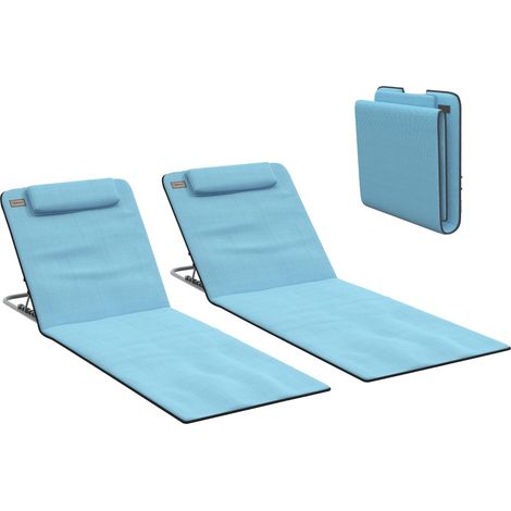 Ensemble de 2 matelas de couchage avec dossier enclenable 5 positions, appui-tête et sac de transport 134 x 48 x 33-43 cm Bleu (1/5)