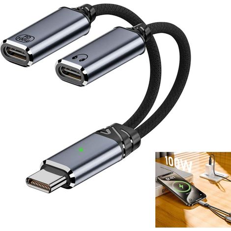 Divisor de carga para auriculares USB-C, cargador rápido 2 en 1 de 100 W y adaptador de audio tipo Y, compatible con teléfonos con interfaz Tipo-C - gris (1/5)