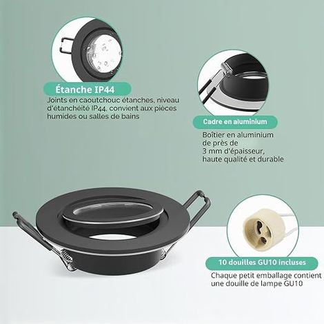 Spot Encastrable Aluminium Noir Support Spot Encastrable Cadre De Montage Avec Douille Rond Spot de Plafond 68mm extra plat Pour Salle de bain, 230V (1/3)