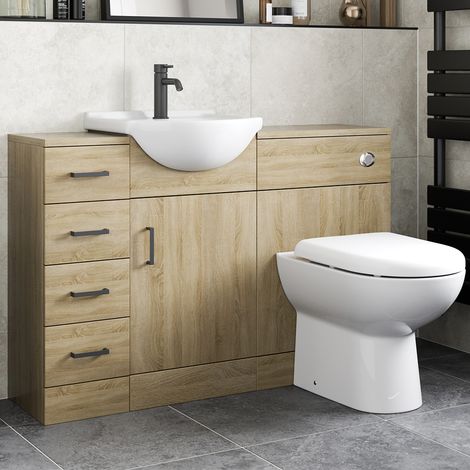 Bathroom Vanity Unit Drawer Cabinet Toilet Unit Furniture Basin Sink Oak 1165mm (1/5)