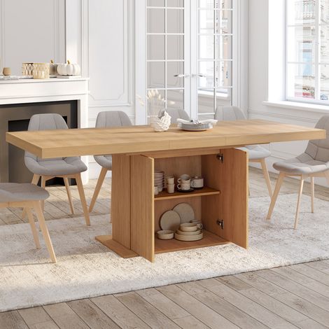 Mesa de comedor rectangular extensible JULIETTE con pata central efecto listones y espacio de almacenamiento de 160 cm