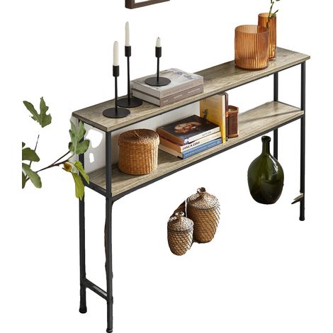 Mesa consola, diseño minimalista moderno, tres estantes, gris claro. (1/2)