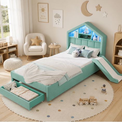 Letto bimbi imbottito 90x200 con scivolo, LED, ricarica e letto estraibile blu-verde DESVIAE (1/5)