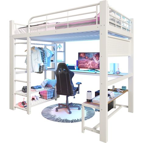 Lit mezzanine 140x200 cm en métal avec bureau, penderie, panneau perforé, LED et rangements intégrés pour chambre ado, studio ou gaming CHICFURN (1/5)