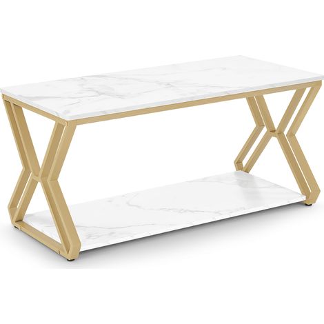 BarberPub Beistelltisch Gold, Couchtisch mit 2 Ablagen, Sofatisch aus Holz, Moderner Wohnzimmertisch Metall, Kaffeetisch für Wohnzimmer, Schönheitssalon, 2196