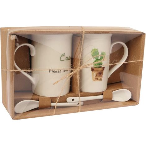 Green Love Geschenkset – Zwei Keramiktassen mit Löffeln im Kaktus-Design (1/4)
