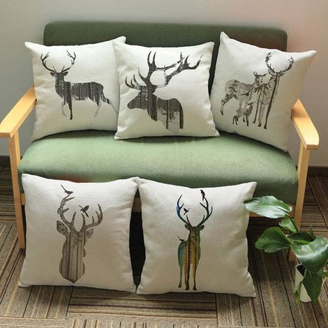 JSSEVN - 5-Piece Pillowcase Set, Christmas Reindeer Head Home Decoration, Sofa Cream Linen, Deer Print, Animal Cuddly Pillowcase, 45 x 45 cm (1/5)