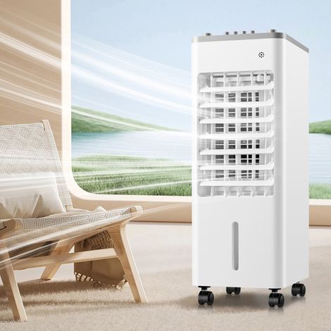 Ventilador portátil refrigerado por agua, tres velocidades, oscilación de 90°, modelo mecánico blanco. (1/5)