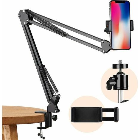 Soporte para teléfono móvil, soporte de vídeo, brazo articulado, brazo flexible de escritorio para transmisión en vivo, fotografía y videografía plana (negro)